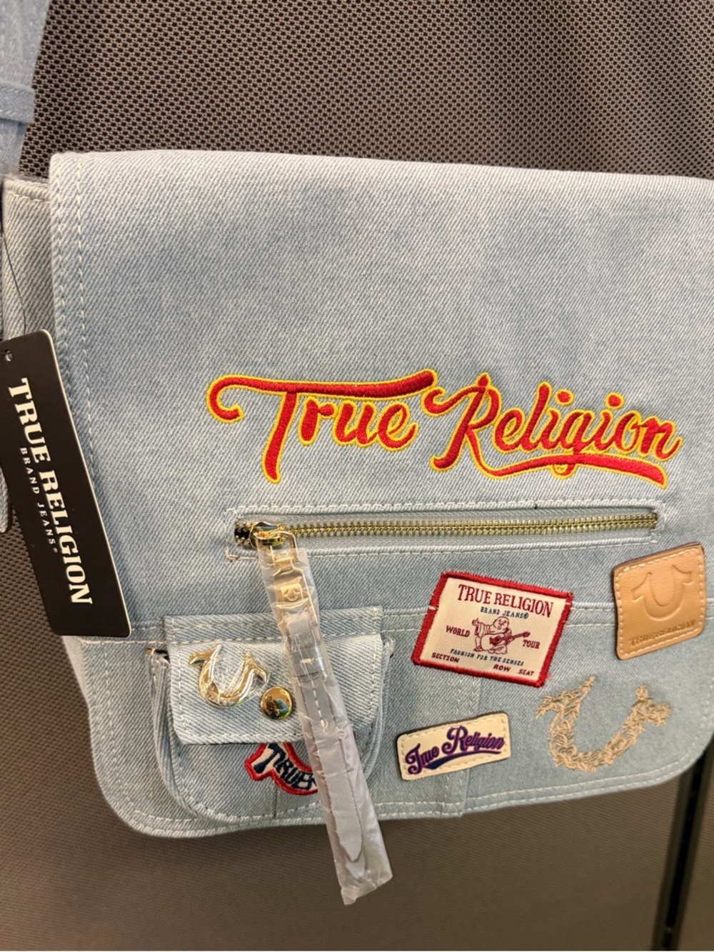 True Religion Denim Crossbody with Red & Yellow Logo
